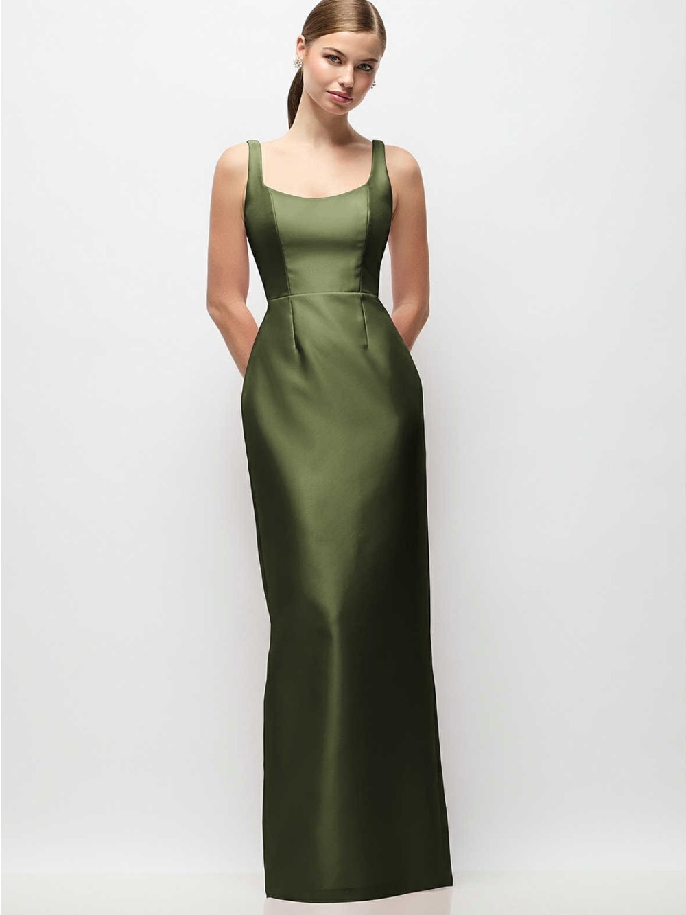 Dressy Group SCOOP NECK SATIN COLUMN MAXI DRESS IN OLIVE GREEN